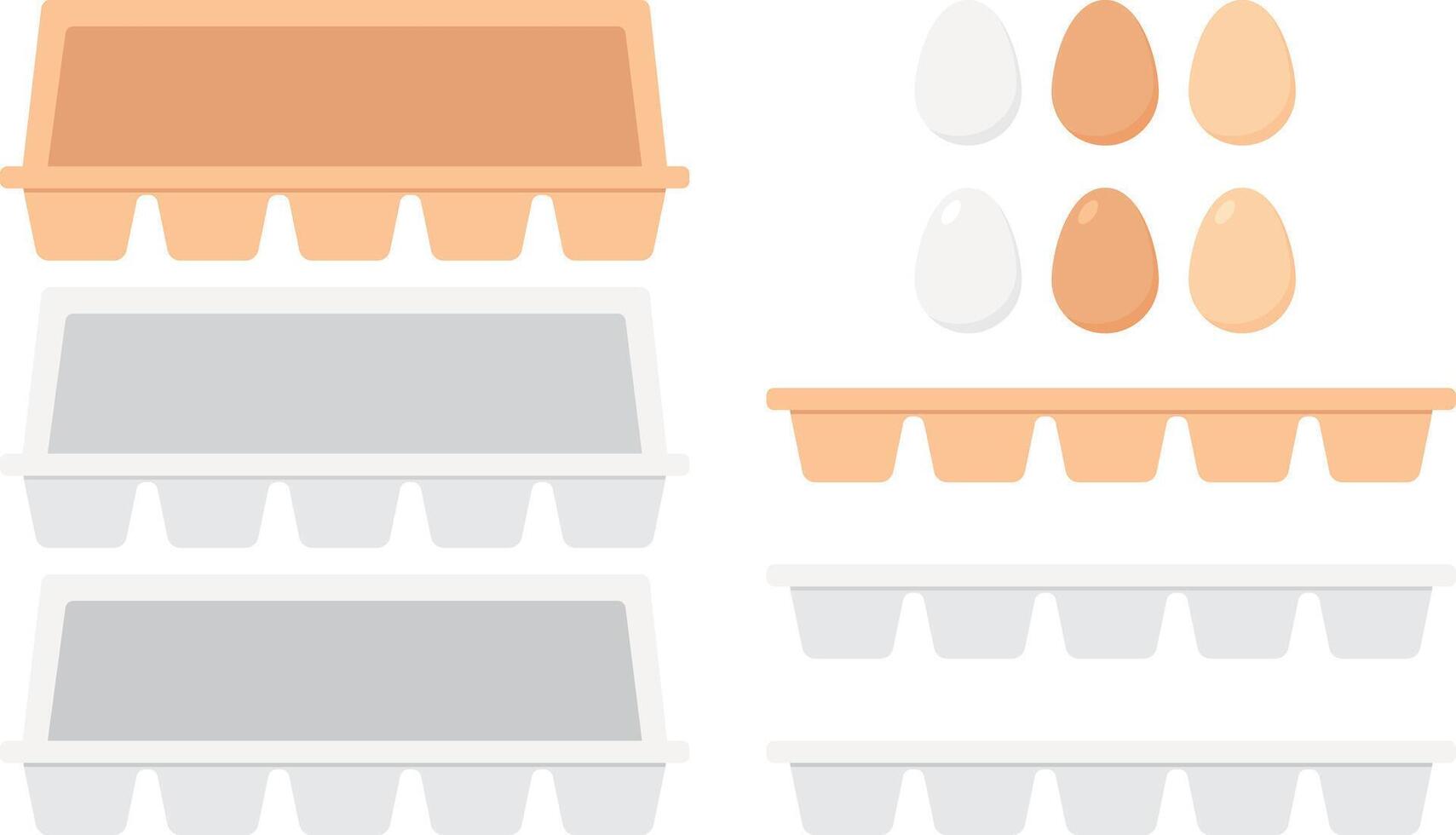 Set of egg trays and chicken eggs in white, brown and light brown colors. vector