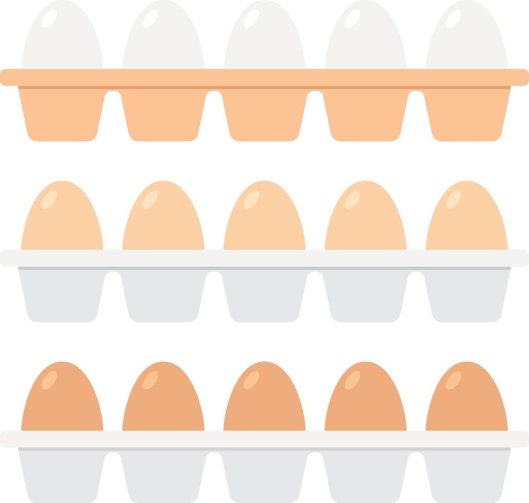 Set of chicken eggs in white, brown and light brown colors in egg trays. vector