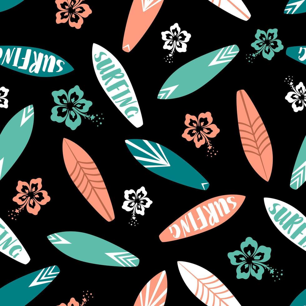 Seamless pattern background with surfboard and flowers vector