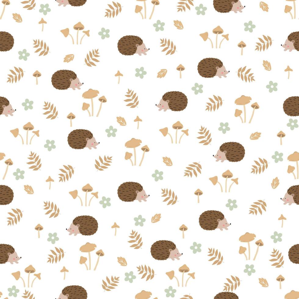 Cute pattern with hedgehogs, mushrooms, leaves and flowers. Children's seamless pattern. vector