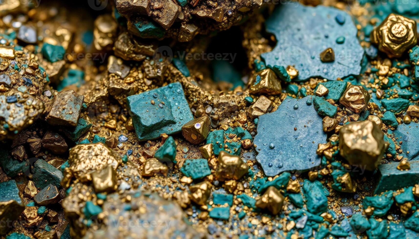 A close-up of gold and turquoise ore. The metallic gold contrasts beautifully with the earthy turquoise tones. Useful for themes related to geology, mining, and precious materials. photo