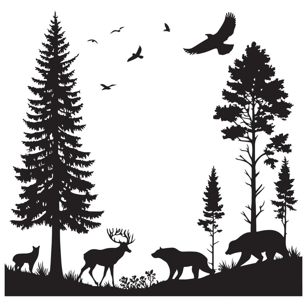 Landscape Mountain Tree Animals Silhouette vector