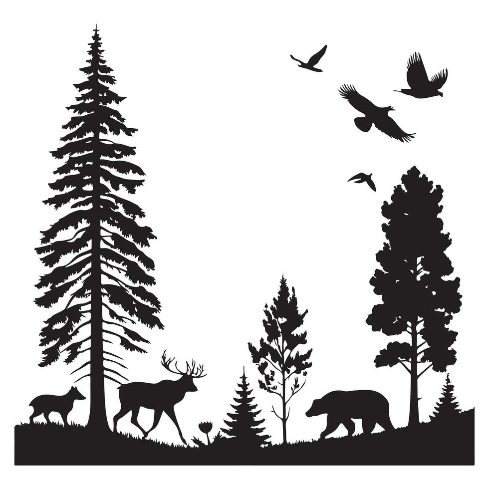 Animals, trees silhouette illustration of forest panorama wildlife on white background vector