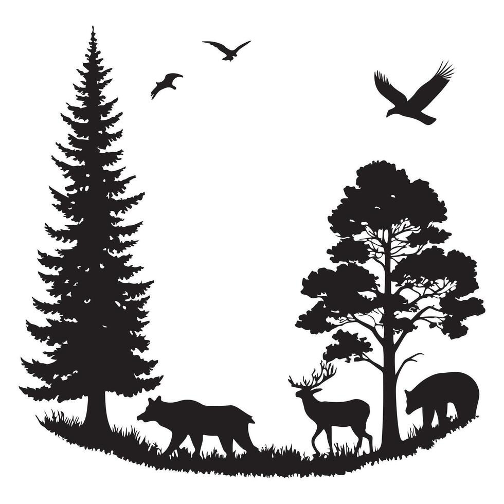 silhouettes of landscape with deer in forest and mountain vector