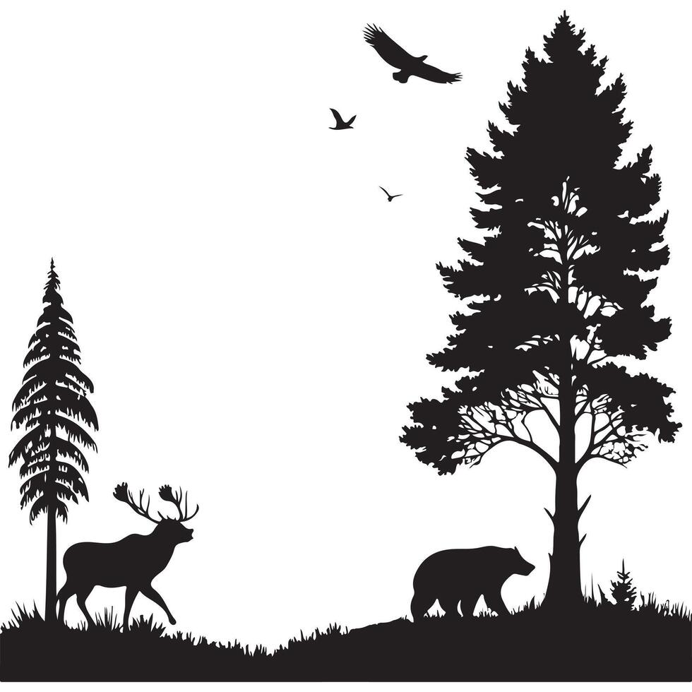 Forest deer silhouette mountain tree pine landscape vector