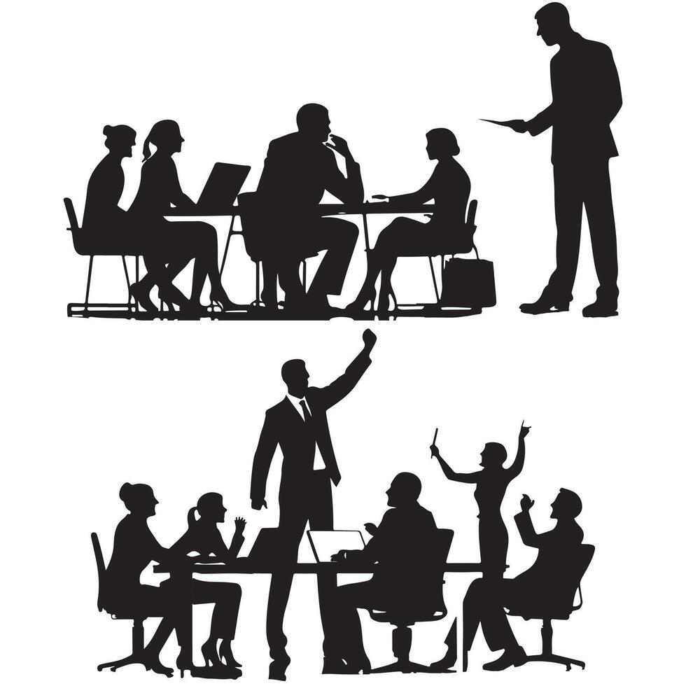 Silhouette row of businessmen sitting in table vector
