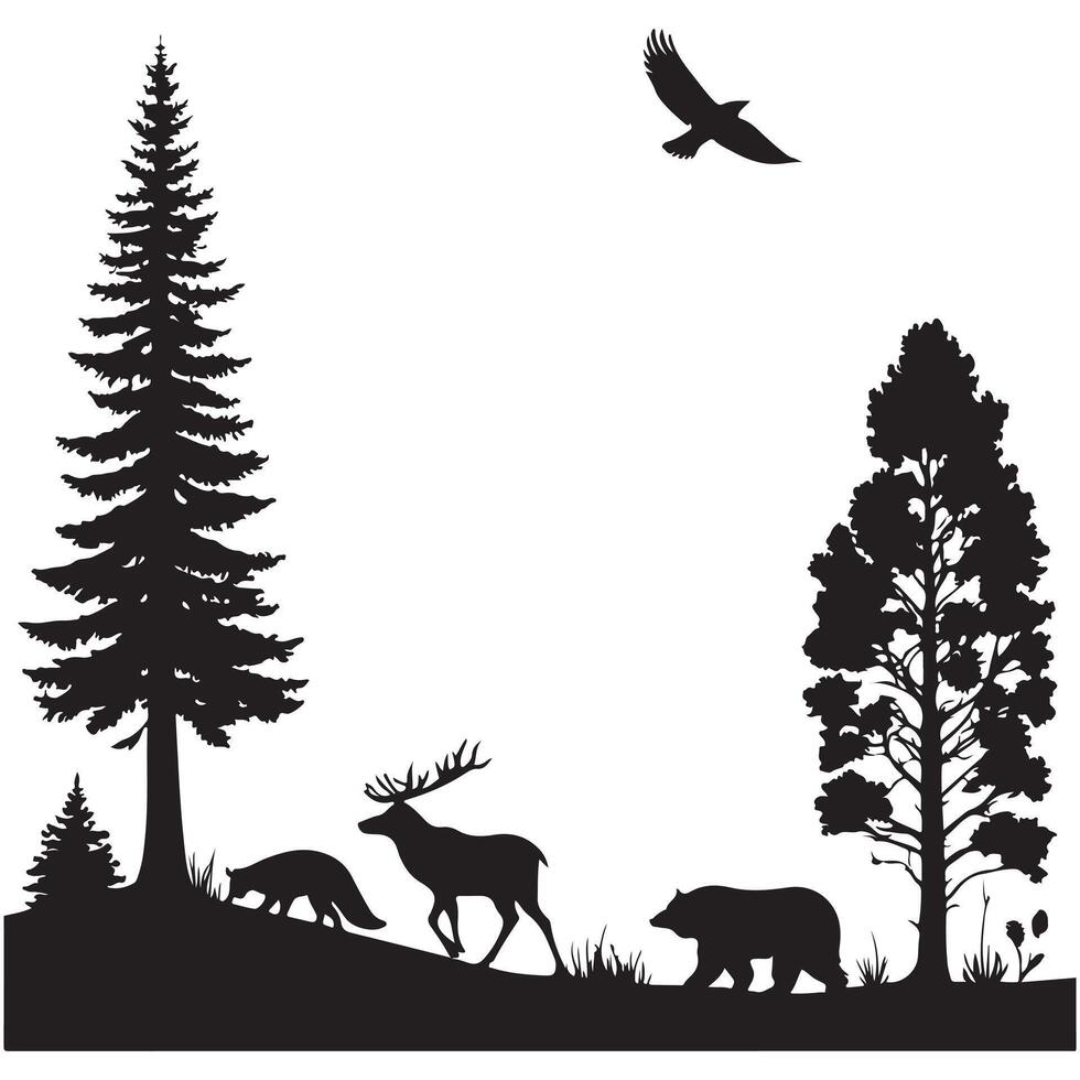 silhouette illustration of forest, animals wildlife vector