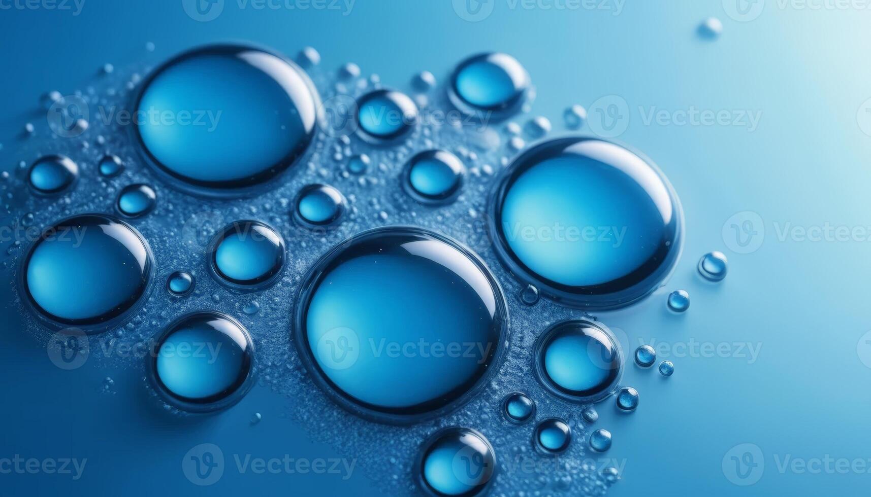 Close-up view of gleaming blue water droplets on a surface, reflecting light to emphasize purity and freshness, suitable for wellness or skincare beauty marketing. photo