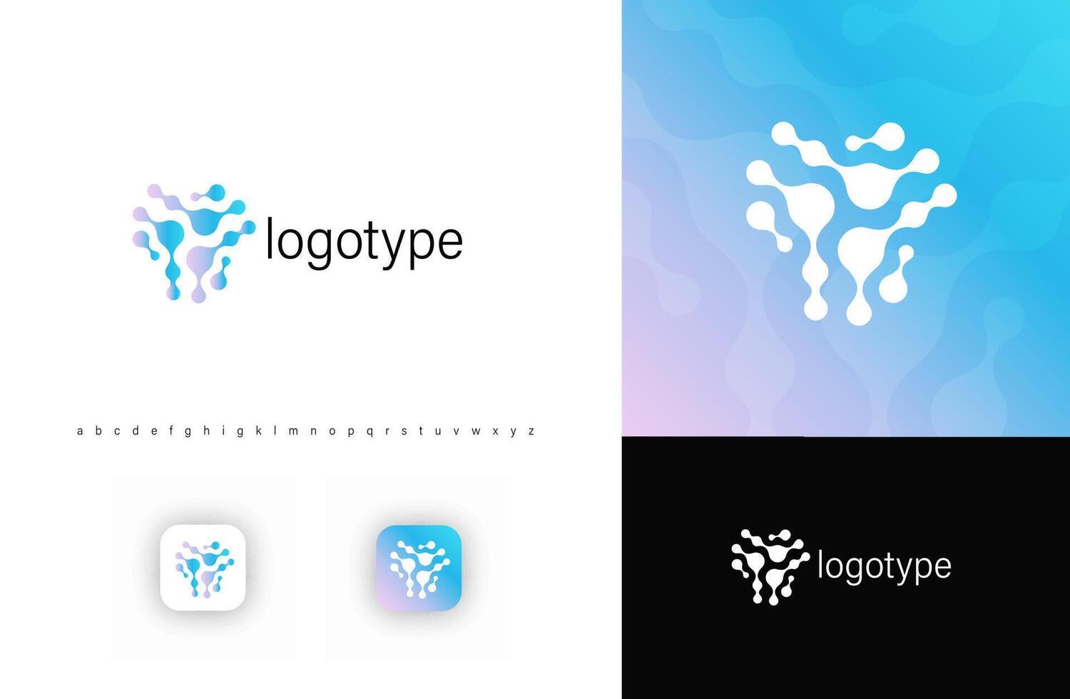Fluid molecular network logo with organic shapes and fusion dots, symbolizing science, AI, digital connectivity. Ideal for biotech, healthcare, artificial intelligence, datascience. logo vector