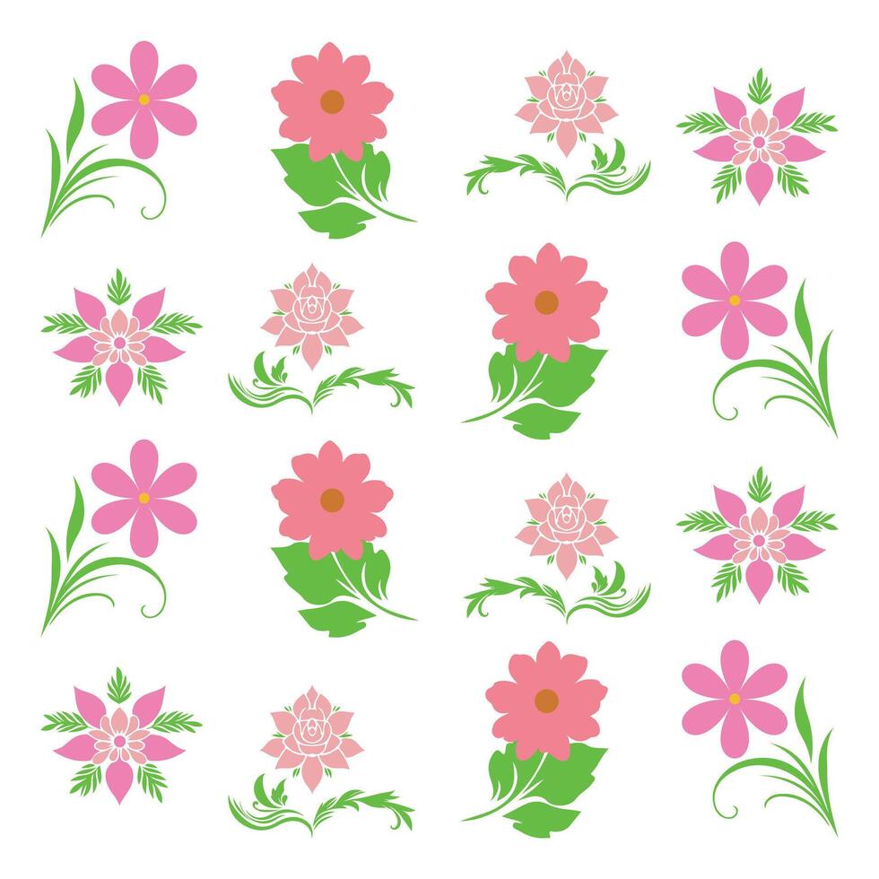 Pink Flower Collection Pattern Botanical Design Natural Elements Isolated White Background Decorative Use vector