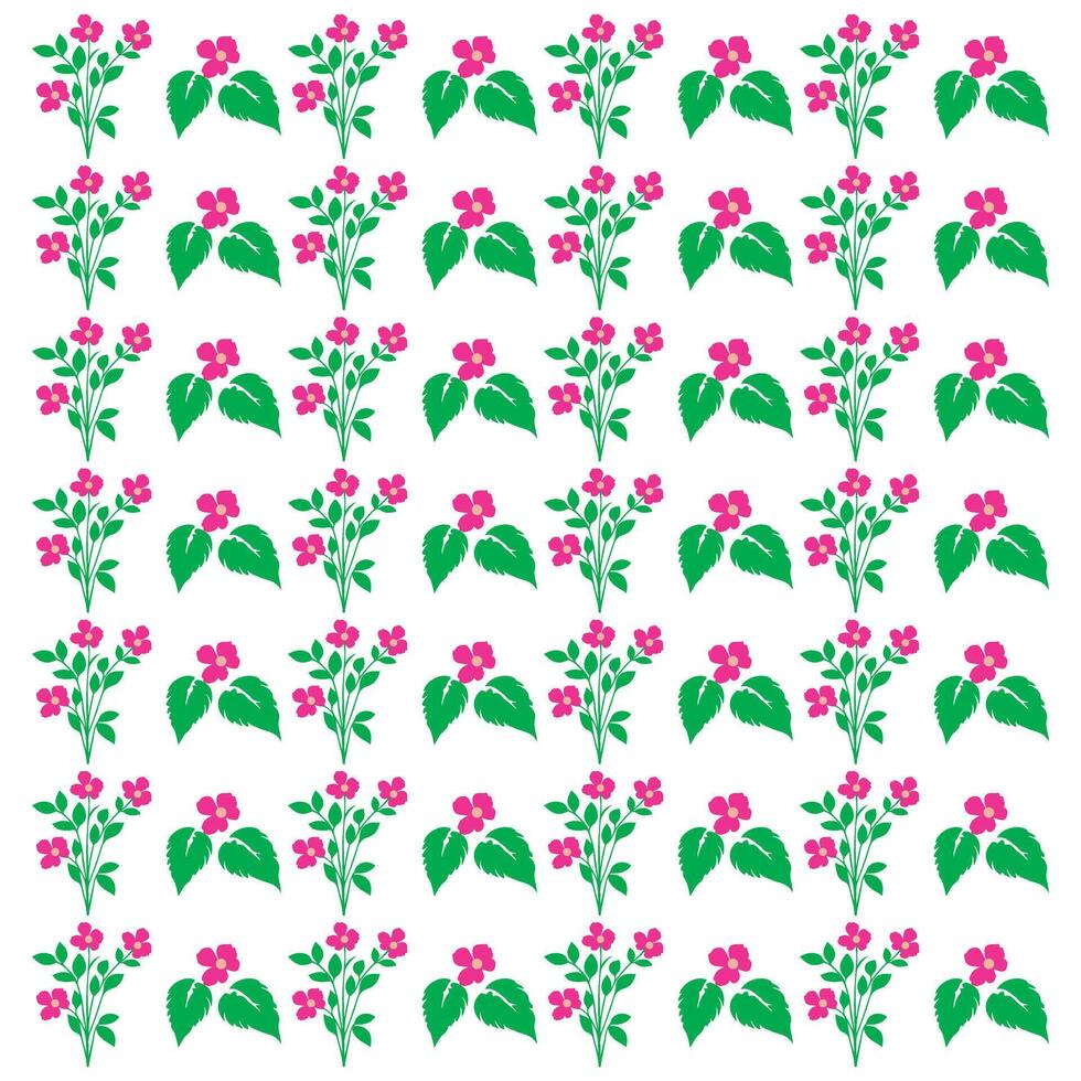 Pink Flowers and Green Leaves Pattern Botanical Design with Natural Elements Isolated on White Background for Decorative Use vector
