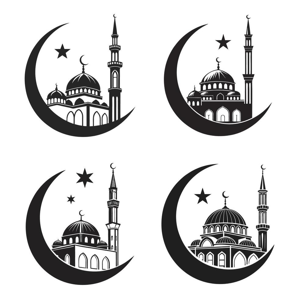 Set of mosque icons in a vintage architectural style vector