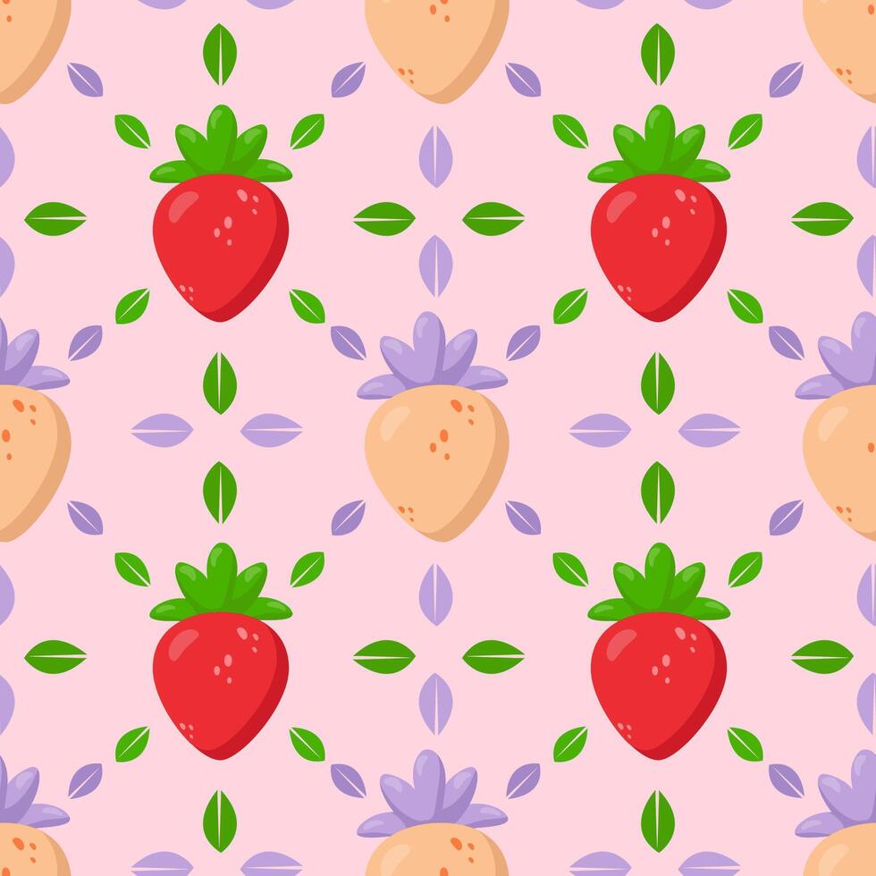 Seamless strawberry pattern with red and pastel berries on a soft pink background. Delicate botanical design featuring fresh leaves and elegant symmetry. Ideal for textiles, packaging, wallpaper vector