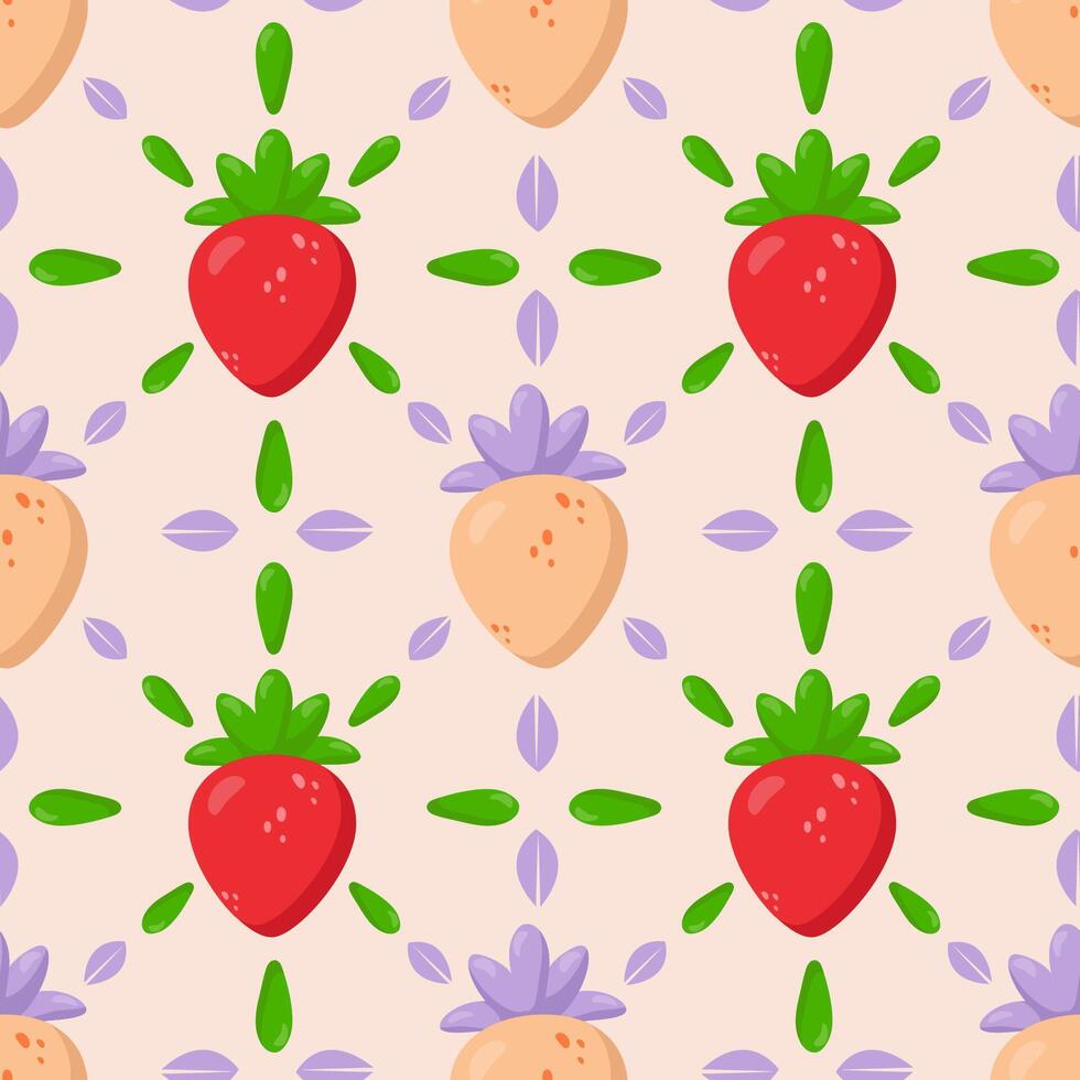 Seamless strawberry pattern with red and peach strawberries, green leaves, and purple accents on a soft background. Perfect for packaging, textiles, wallpapers, and branding vector