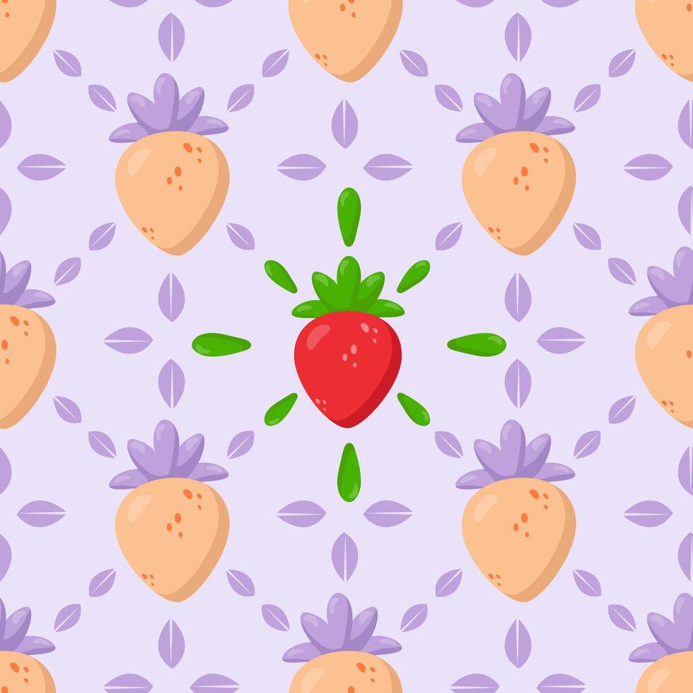 Seamless strawberry pattern with red and golden berries on a soft lavender background. Ideal for textiles, wallpapers, packaging, wrapping paper, and branding projects vector