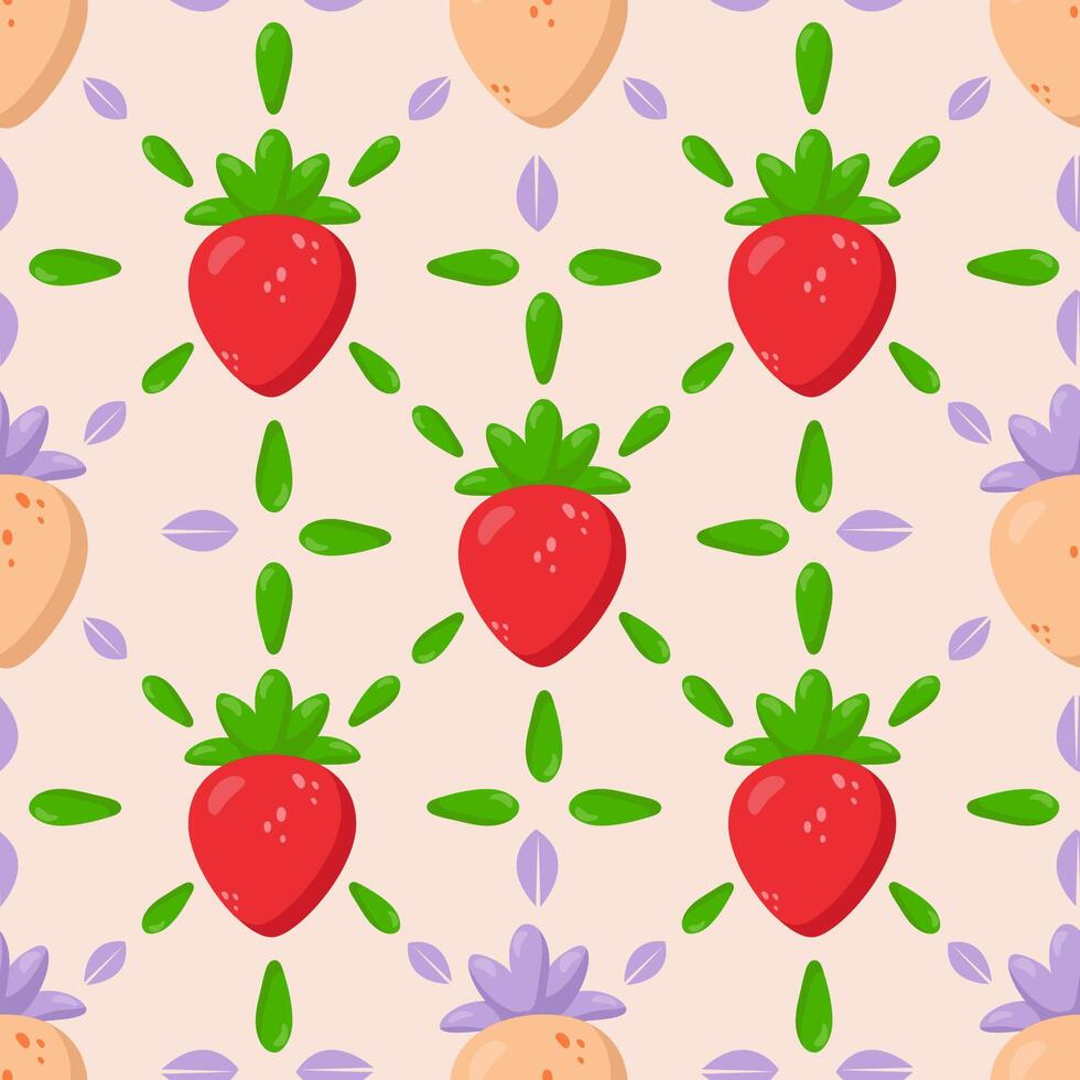 Seamless strawberry pattern with red and golden berries, green leaves, and lilac accents on a pastel background. Perfect for textile, packaging, wallpaper, and branding vector