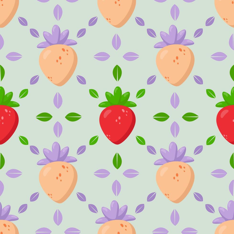Seamless strawberry pattern with red and pastel berries on a soft green background. Elegant botanical design featuring fresh leaves and delicate symmetry. Perfect for textiles, packaging vector