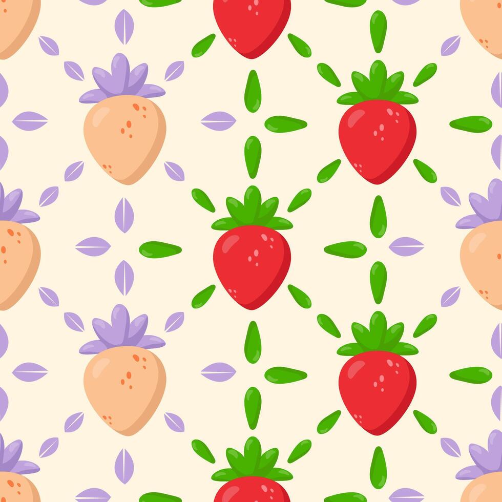 Seamless strawberry pattern with vibrant red and peach strawberries, green leaves, and soft purple details. Ideal for textiles, wallpapers, packaging, and branding vector