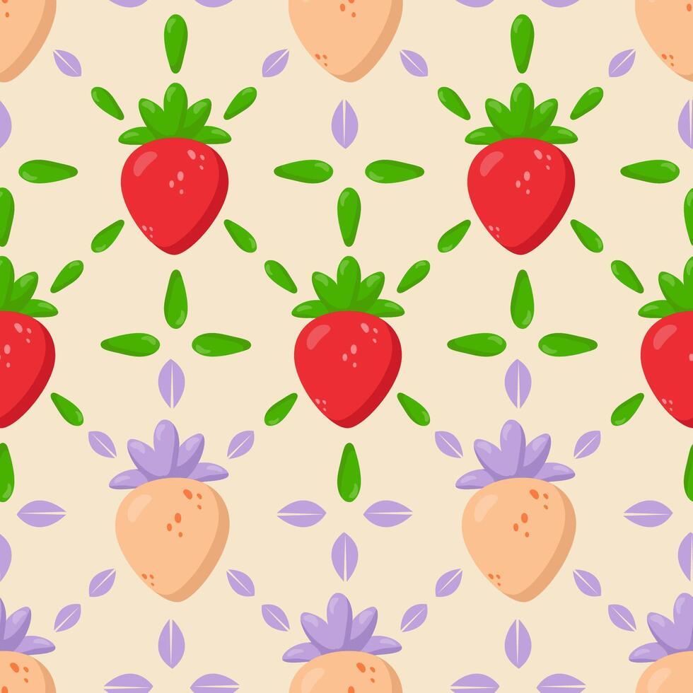 Elegant seamless strawberry pattern featuring vibrant red and golden berries, fresh green leaves, and delicate lilac accents. Perfect for textiles, packaging, wallpapers, and branding vector