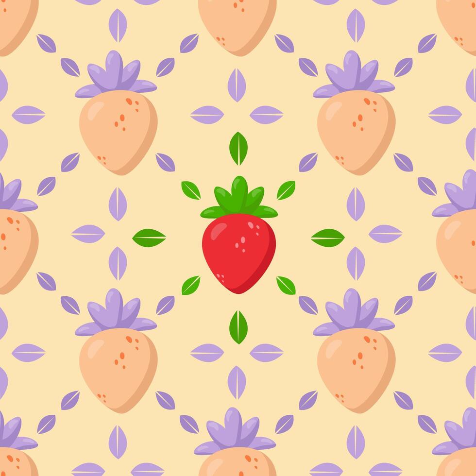 Seamless fruit pattern with strawberries and pastel berries on a soft beige background. Delicate botanical design with green leaves and purple accents, ideal for textiles, packaging, wallpapers vector