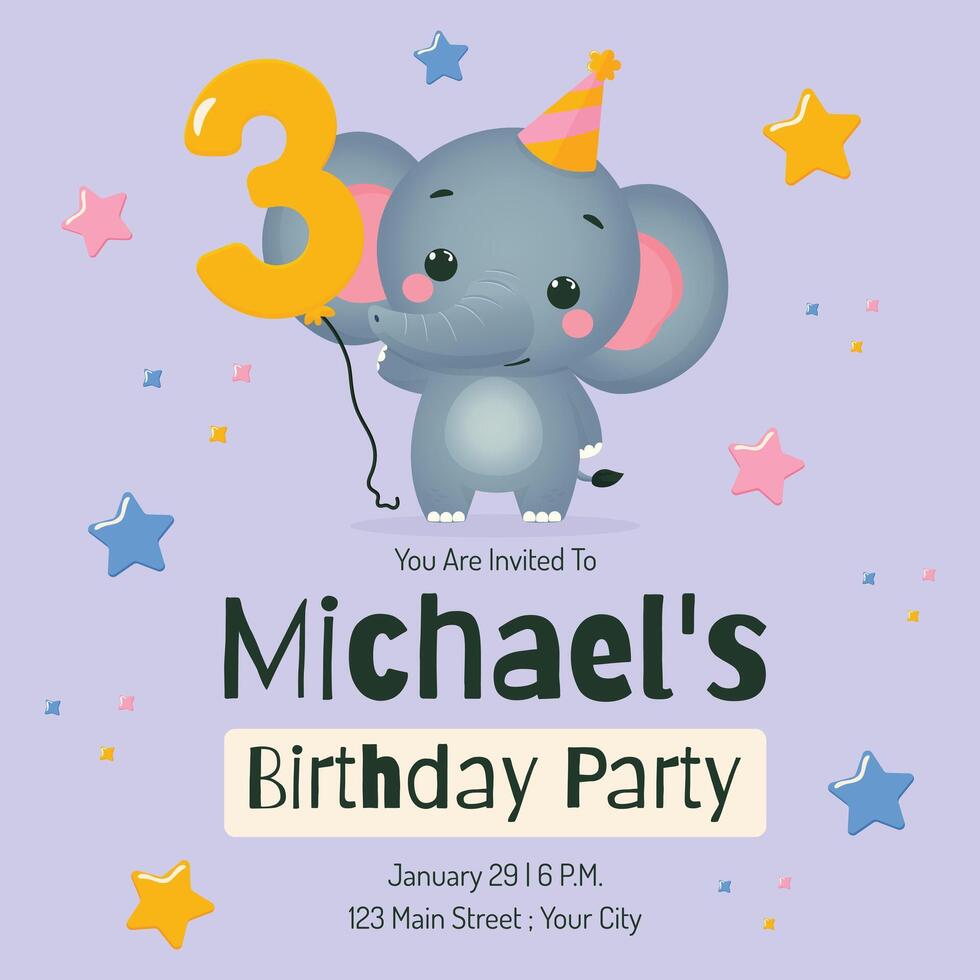 Birthday Party Invitation Card with cute Elephant Flat Illustration. vector