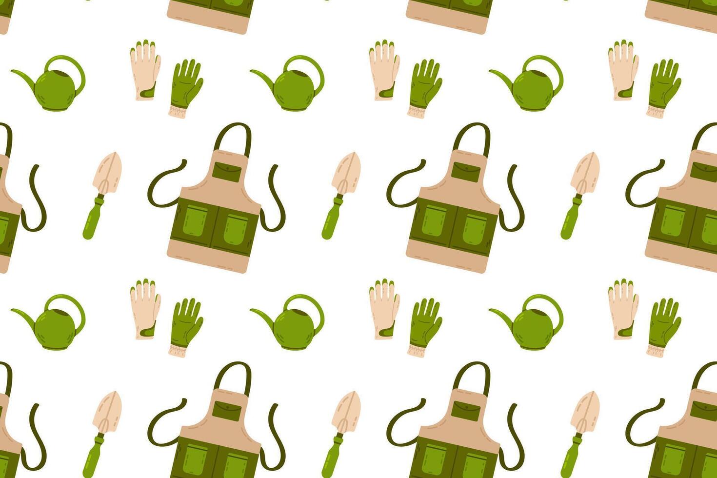 Seamless pattern featuring watering cans, aprons, gloves, and gardening tools, ideal for backgrounds, wrapping paper, and decor. vector