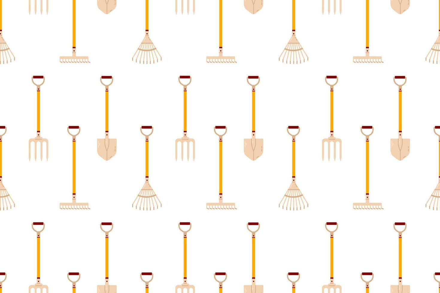 A repeating pattern of gardening shovels, forks, and rakes on a white background, great for fabric, wallpapers, and digital projects. vector