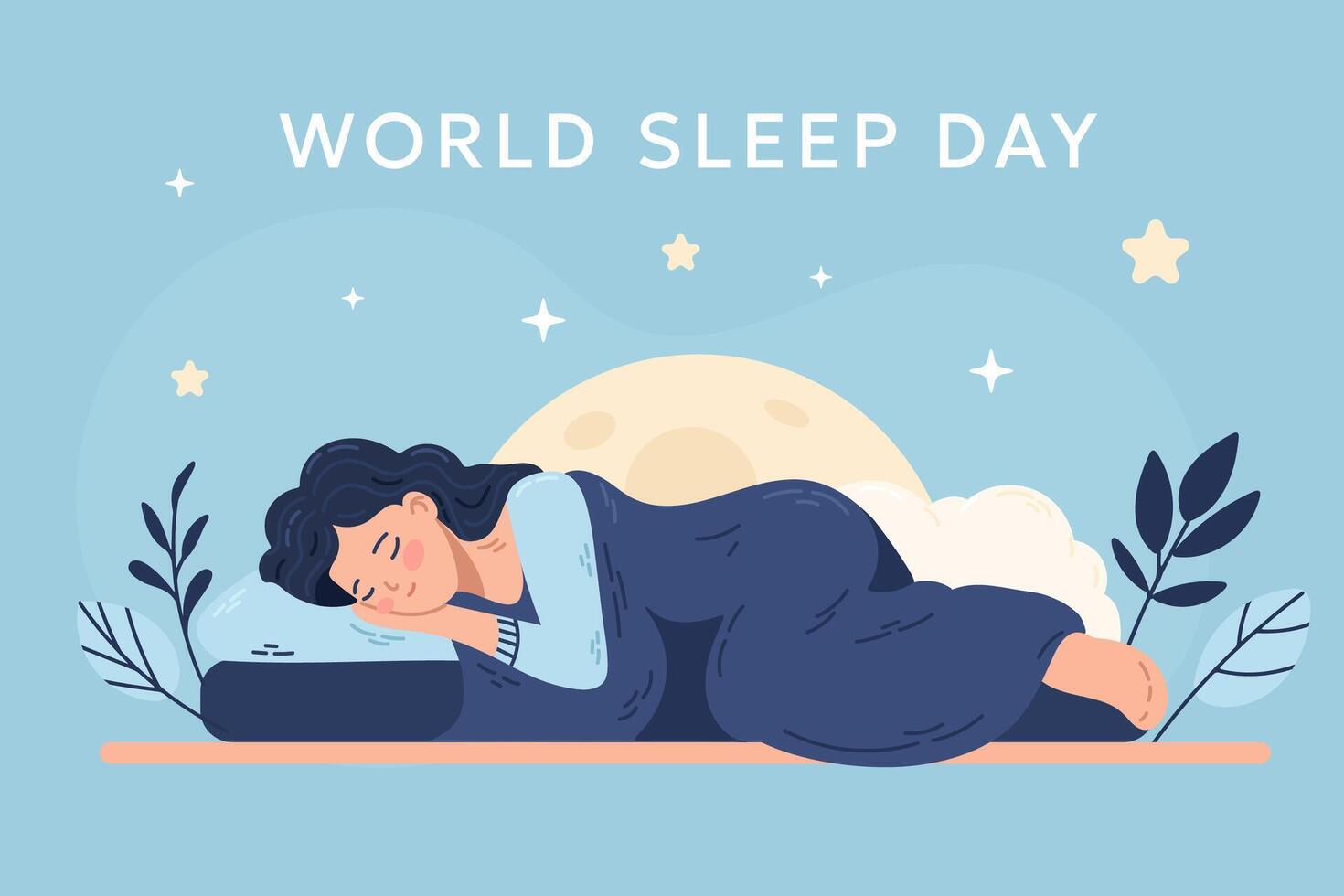 Flat illustration for World Sleep Day featuring a woman sleeping peacefully under the night sky, with stars, the moon, and plants in a calm, relaxing atmosphere. vector