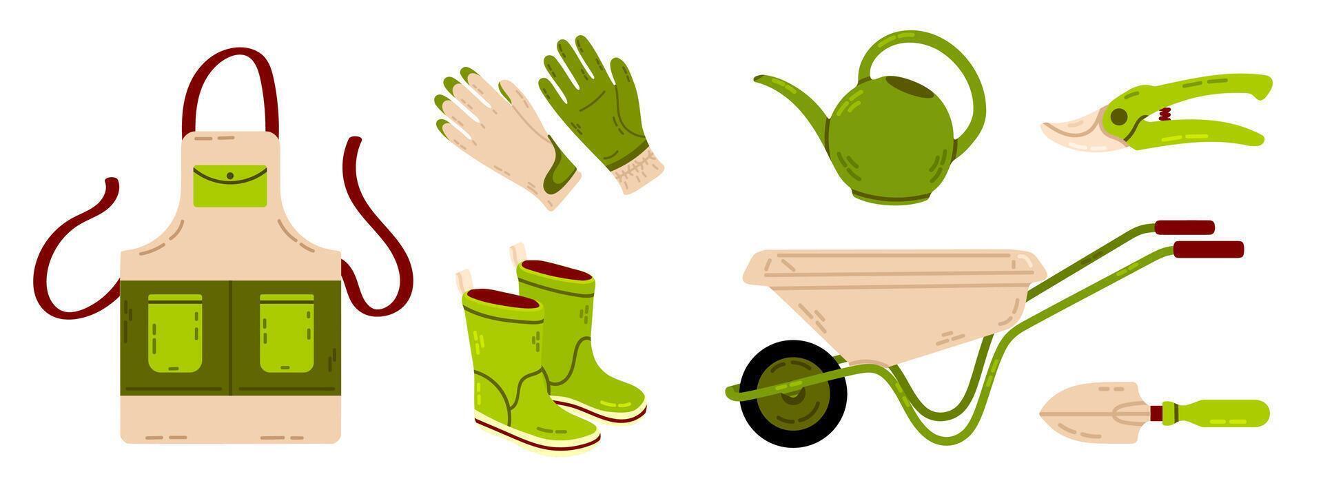 A collection of gardening tools including a watering can, wheelbarrow, gloves, pruning shears, boots, and apron. Perfect for horticulture and backyard work. vector