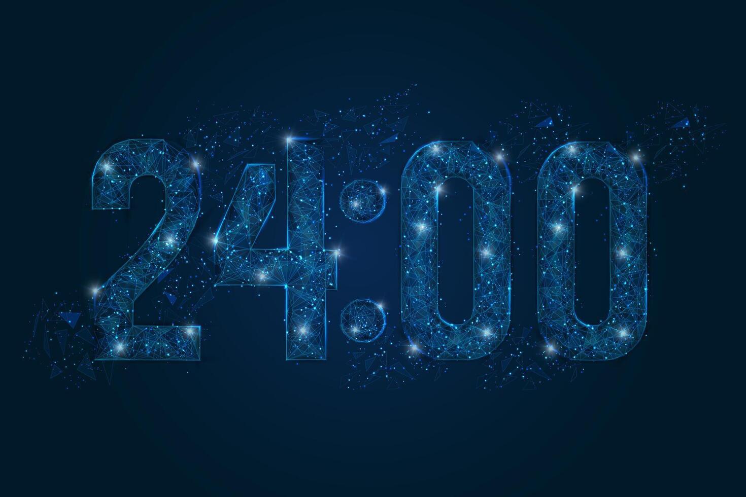 Abstract isolated blue image of 24 00 o clock , twelve am - pm. Polygonal low poly wireframe illustration looks like stars in the black night sky. Digital clock closeup display vector