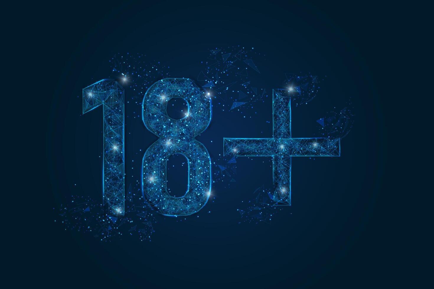 Abstract isolated blue image of 18 plus only censored. Polygonal low poly wireframe illustration looks like stars in the black night sky in space or flying glass shards vector