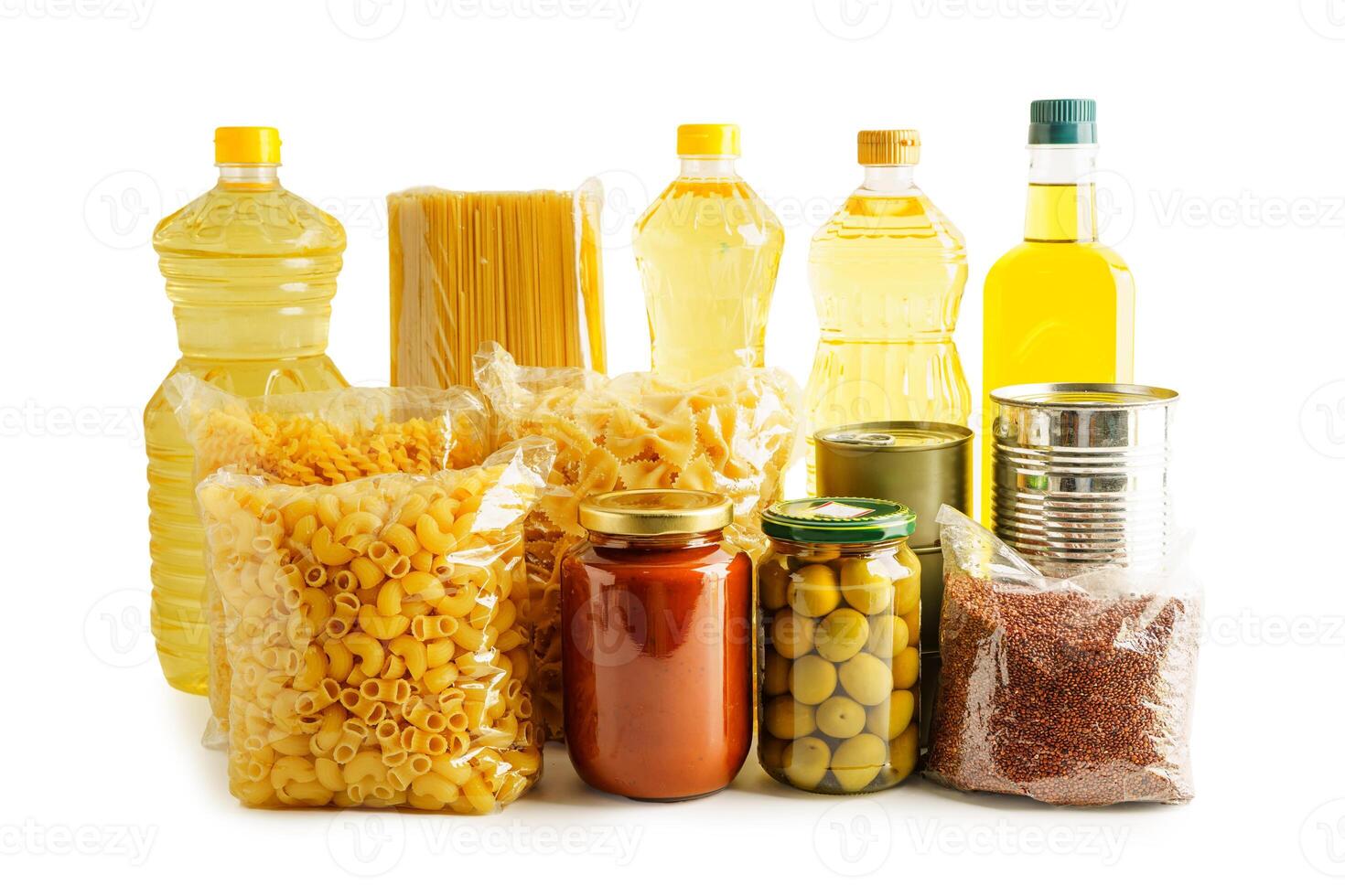 Foodstuffs in donation box isolated on white background for volunteer to help p photo