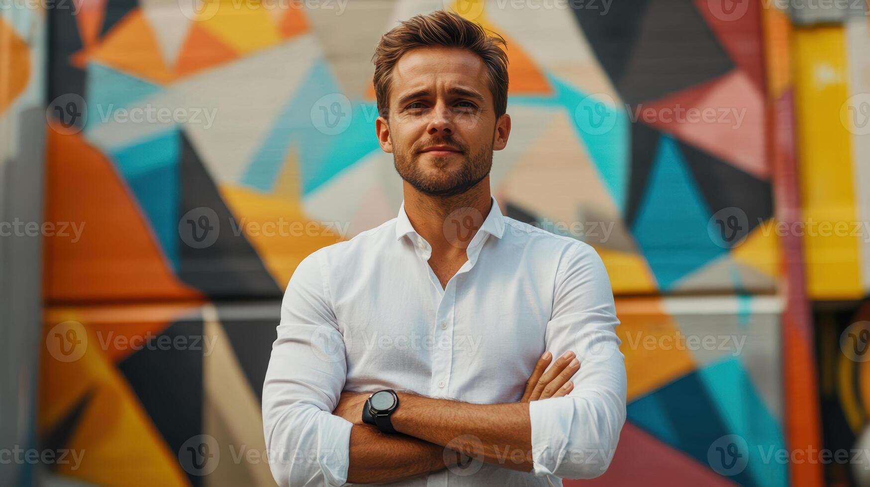A young man exudes confidence with arms crossed, standing in front of a colorful mural that bursts with geometric patterns and hues, brightening the urban landscape photo