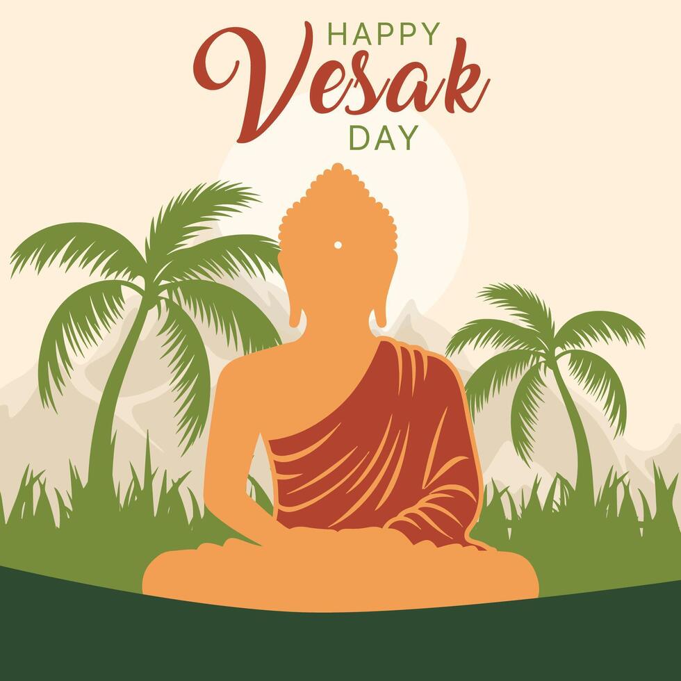 Happy vesak day or guru purnima background lord buddha meditative tropical foliage and mountains vector