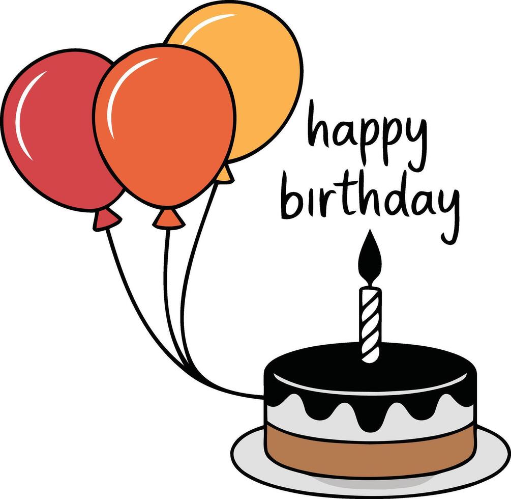 Cute Birthday Cake and Balloons, candle Flat Style Graphic Design vector