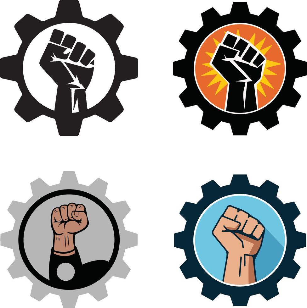 labour day fist gear emblem set for workers' rights and industry vector