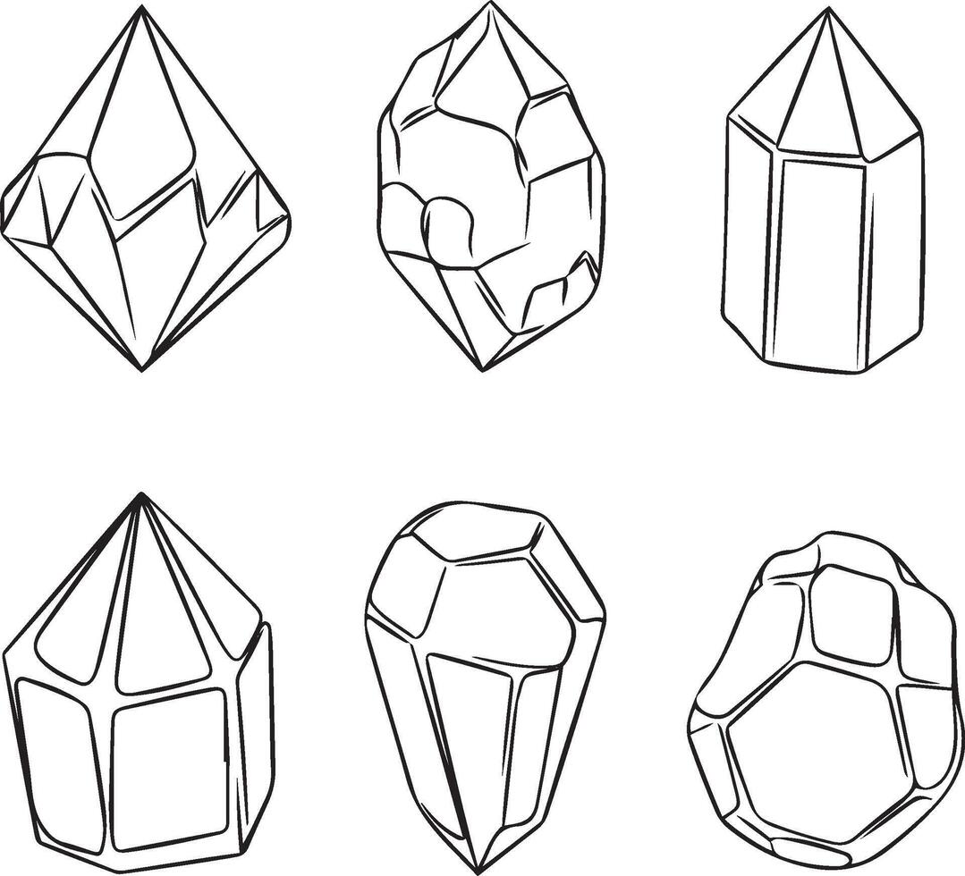 A collection of six different stylized crystal and gemstone shapes. vector