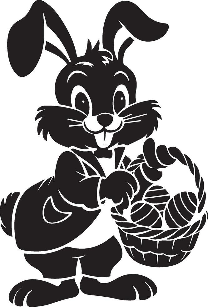 Cute Black and White Silhouette Easter Bunny Holding a Basket of Eggs vector