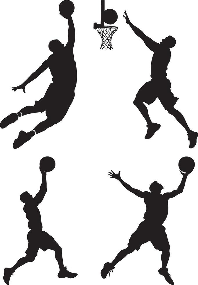 Set of basketball player dunking silhouettes in action poses vector