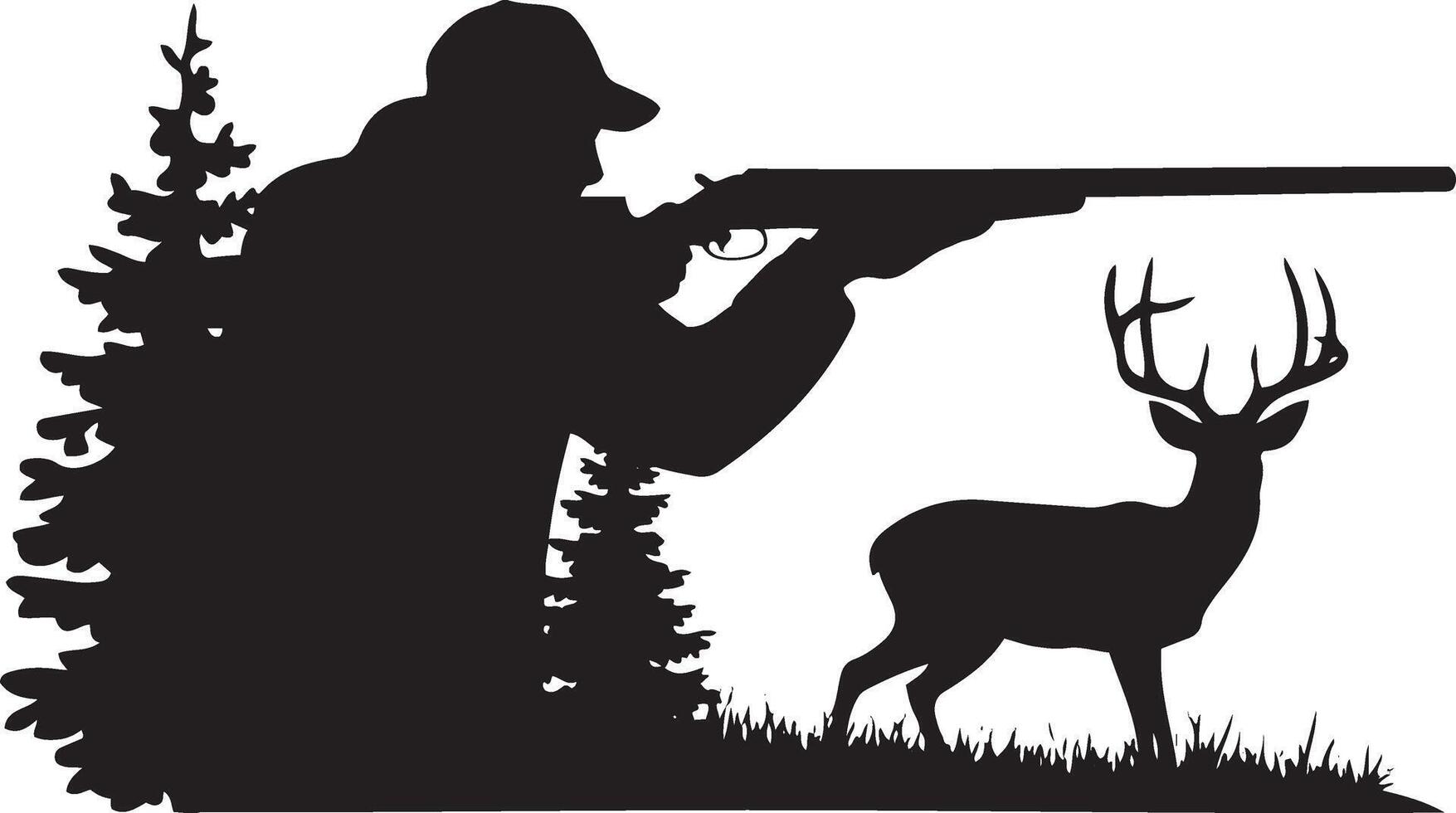 A bold silhouette of a hunter aiming a shotgun at a deer in a forest setting. vector