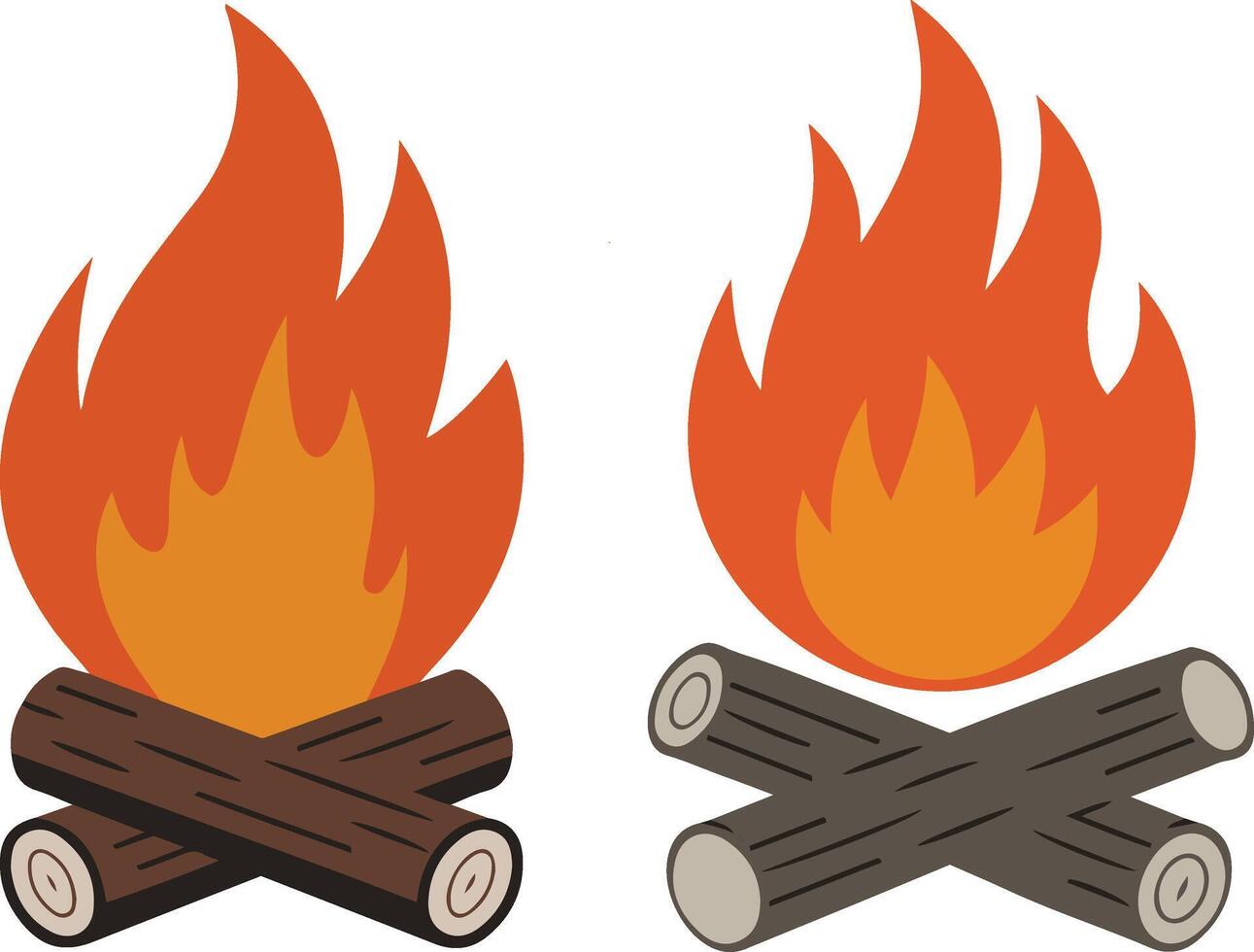 Set of campfire clipart simple flat style illustration with burning wood logs vector