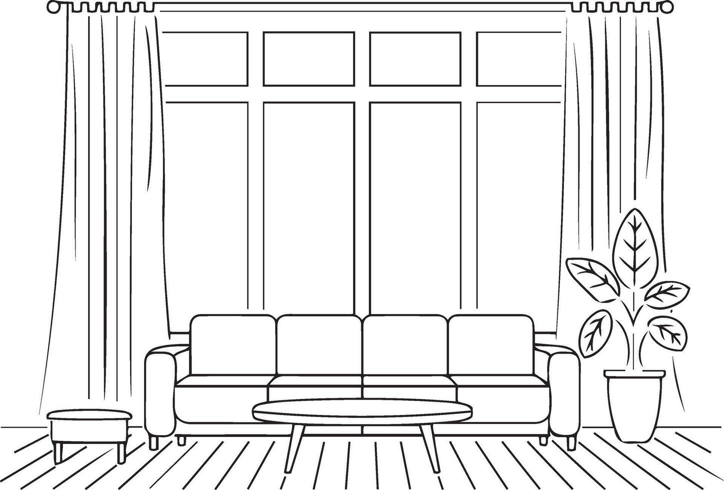Line art black and white drawing of a cozy living room with sofa, curtains, and plant vector