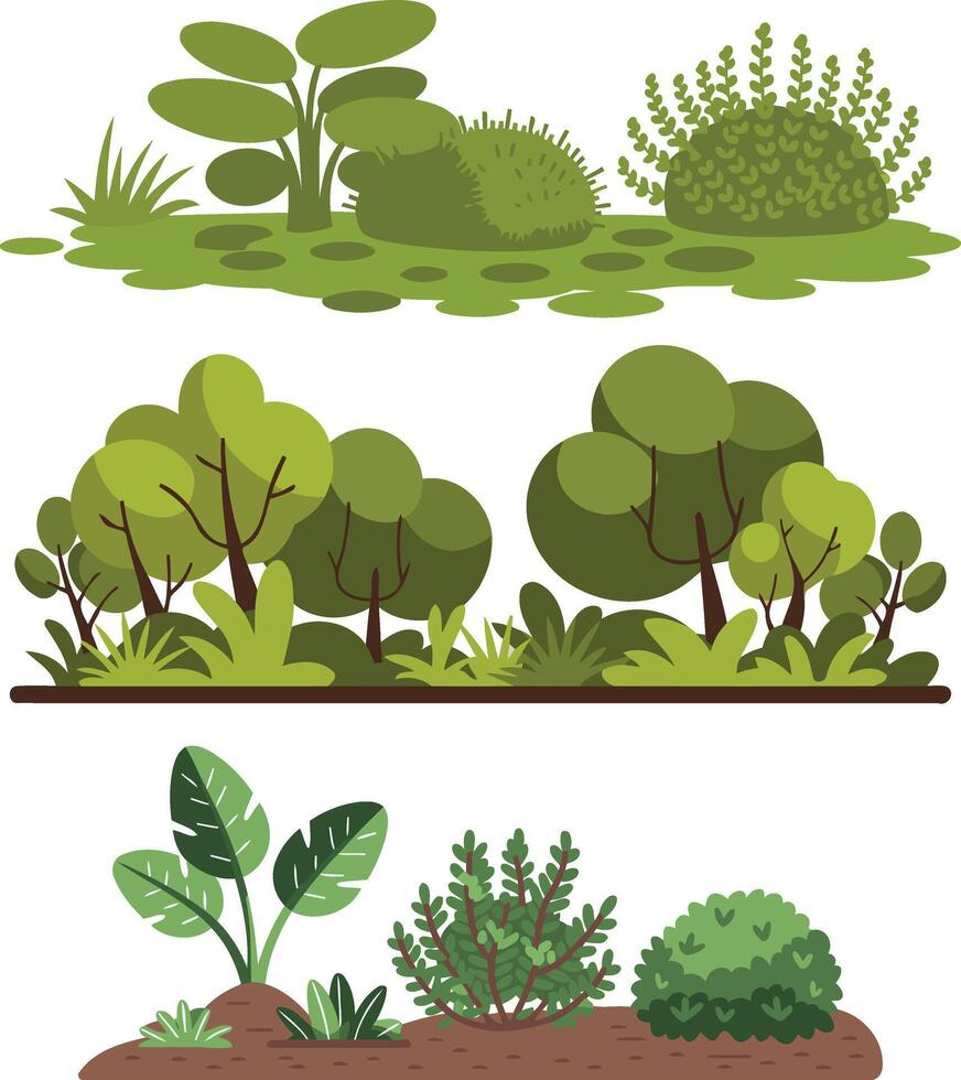 Colorful Flat Design Nature Scenes with Trees and Bushes vector