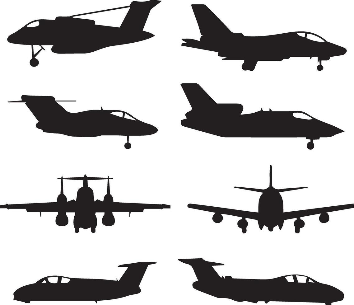 Military and Private Jet Silhouettes, Aircraft Illustration Set vector