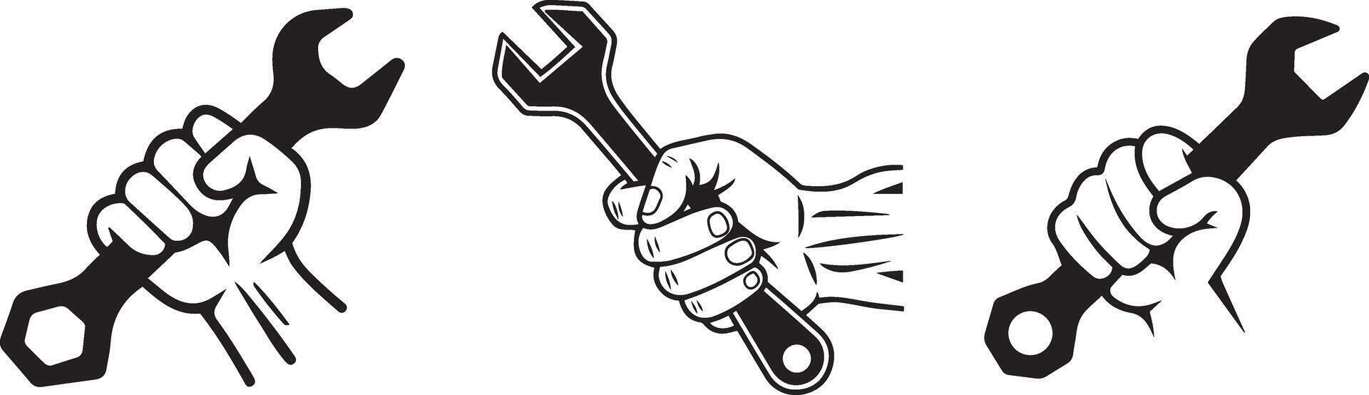 Set of black and white illustrations of strong fists gripping wrenches, symbolizing labor, strength, and solidarity, perfect for Labor Day themes. vector