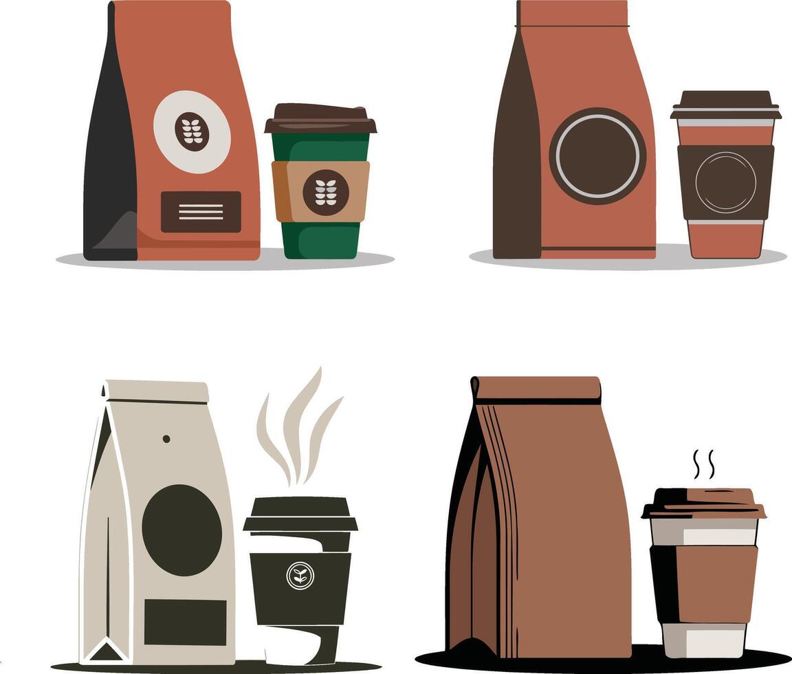 Set of Simple Flat Lay Illustration of Coffee Paper Bags and Cups vector