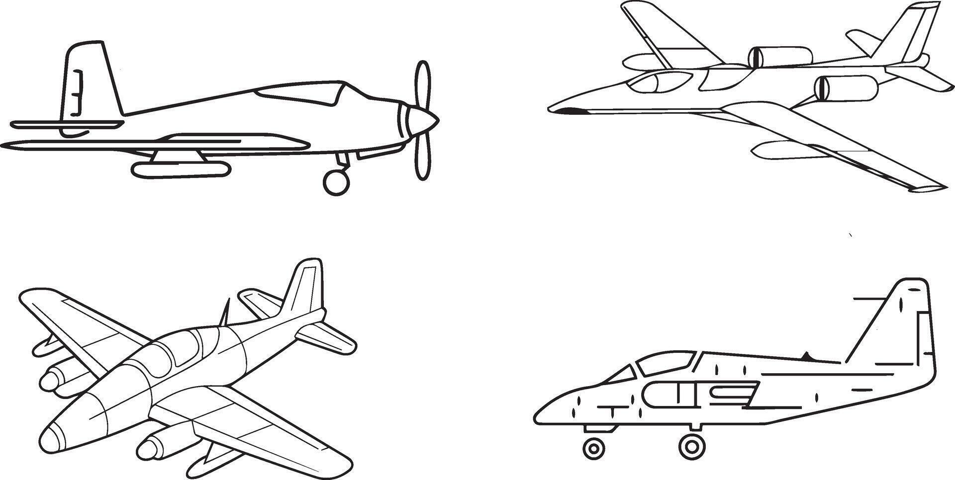 Black and white line drawings silhouette of various airplane models vector