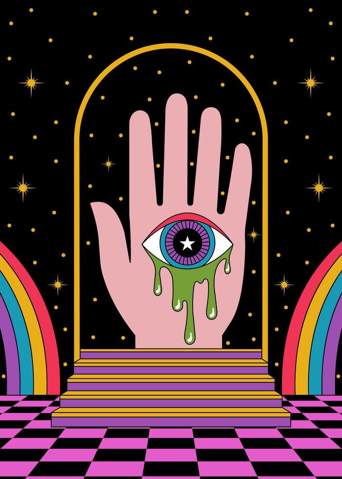 Surreal Hand with Dripping Eye in a Psychedelic Gateway vector