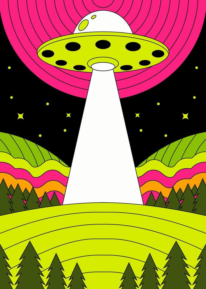 Retro Futuristic UFO Abduction in a Vibrant Psychedelic Landscape vector