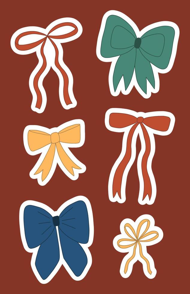 Trendy bow doodle sticker set. Cute aesthetic red, yellow, blue, green ribbons. Flat elements for scrapbooking. Hand drawn illustration isolated on dark red background. vector